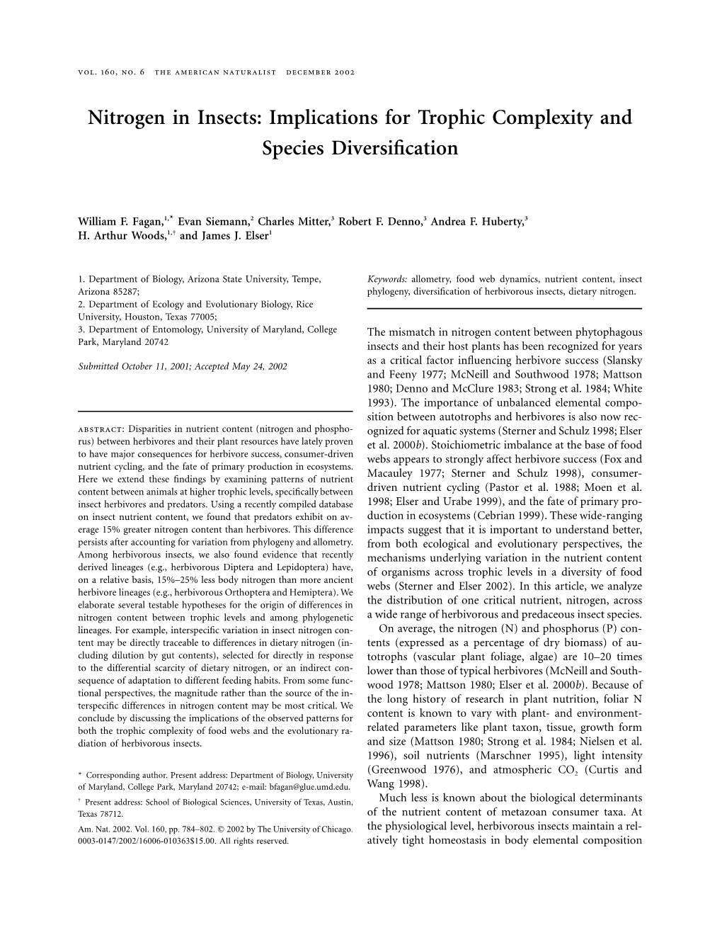 Nitrogen in Insects: Implications for Trophic Complexity and Species Diversiﬁcation