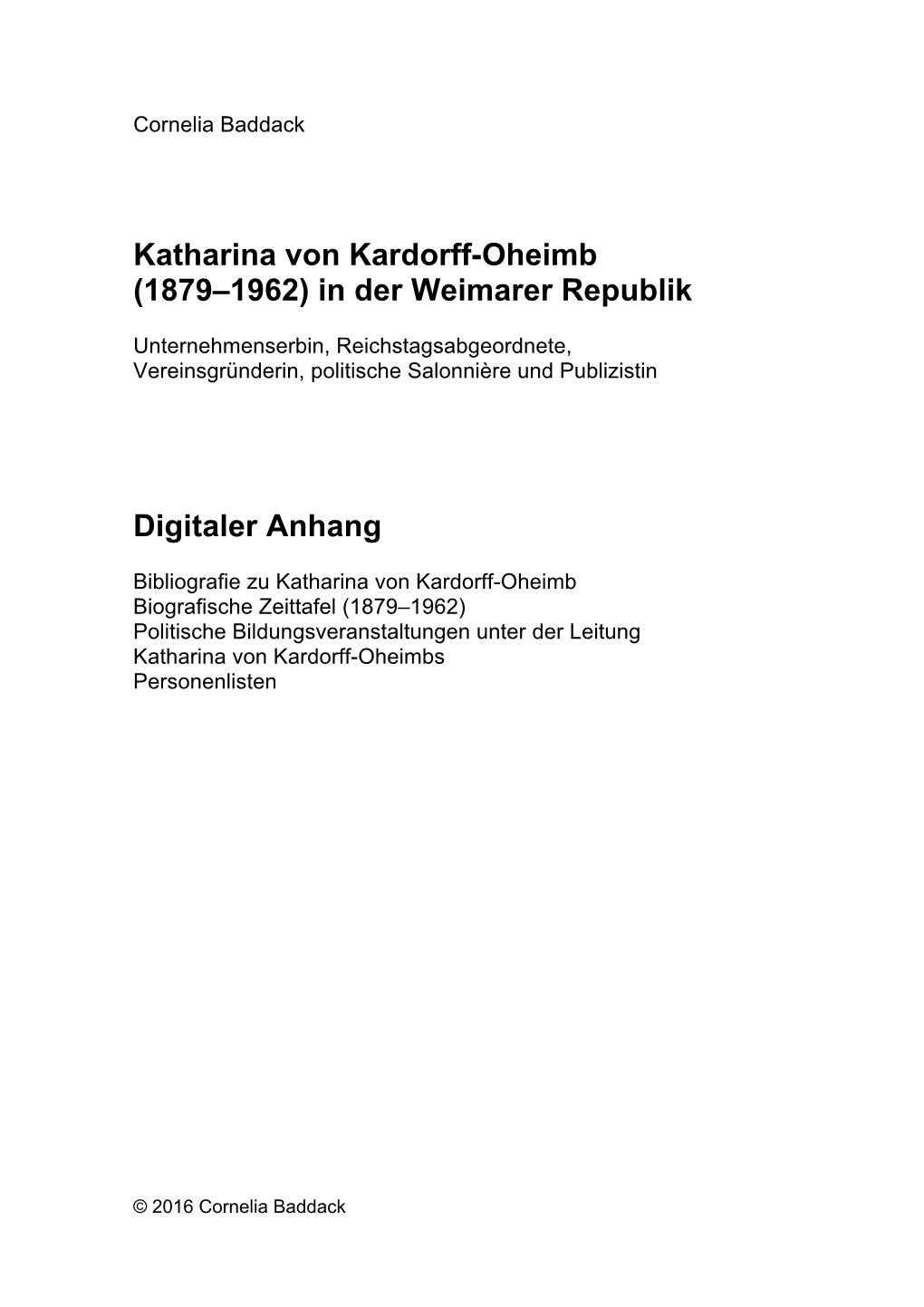 Katharina Von Kardorff-Oheimb (1879–1962) in Der Weimarer Republik Digitaler Anhang