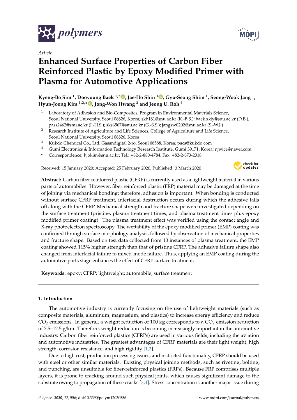 Enhanced Surface Properties of Carbon Fiber Reinforced Plastic by Epoxy Modiﬁed Primer with Plasma for Automotive Applications