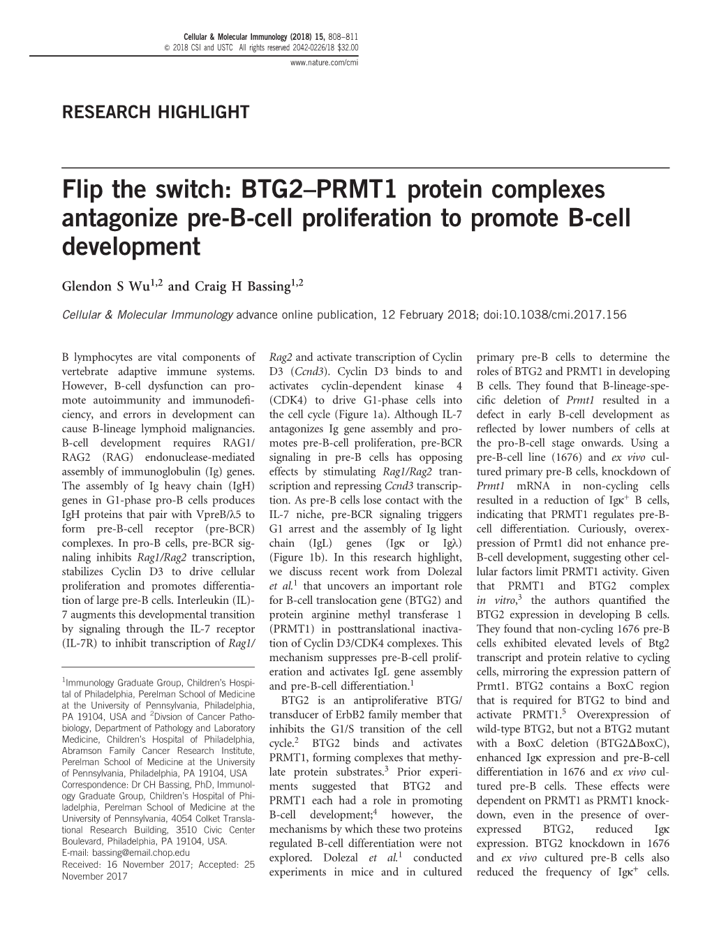 BTG2–PRMT1 Protein Complexes Antagonize Pre-B-Cell Proliferation to Promote B-Cell Development