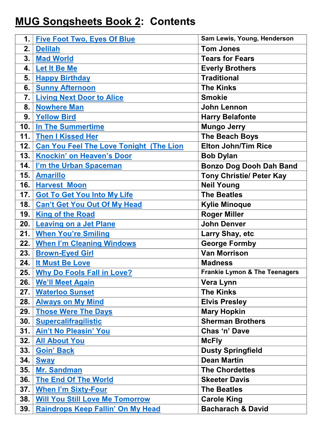 MUG Songsheets Book 2: Contents