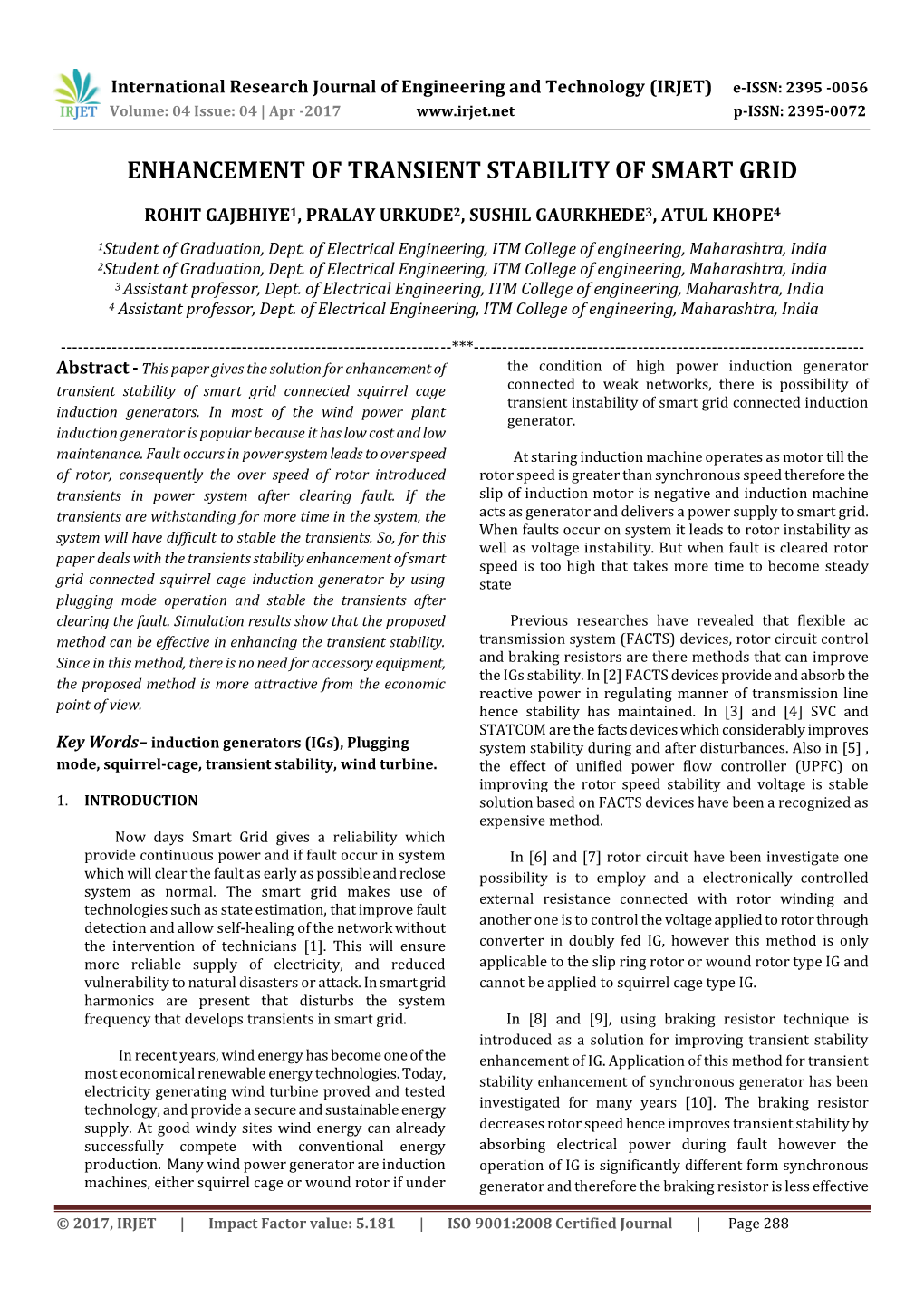 Enhancement of Transient Stability of Smart Grid