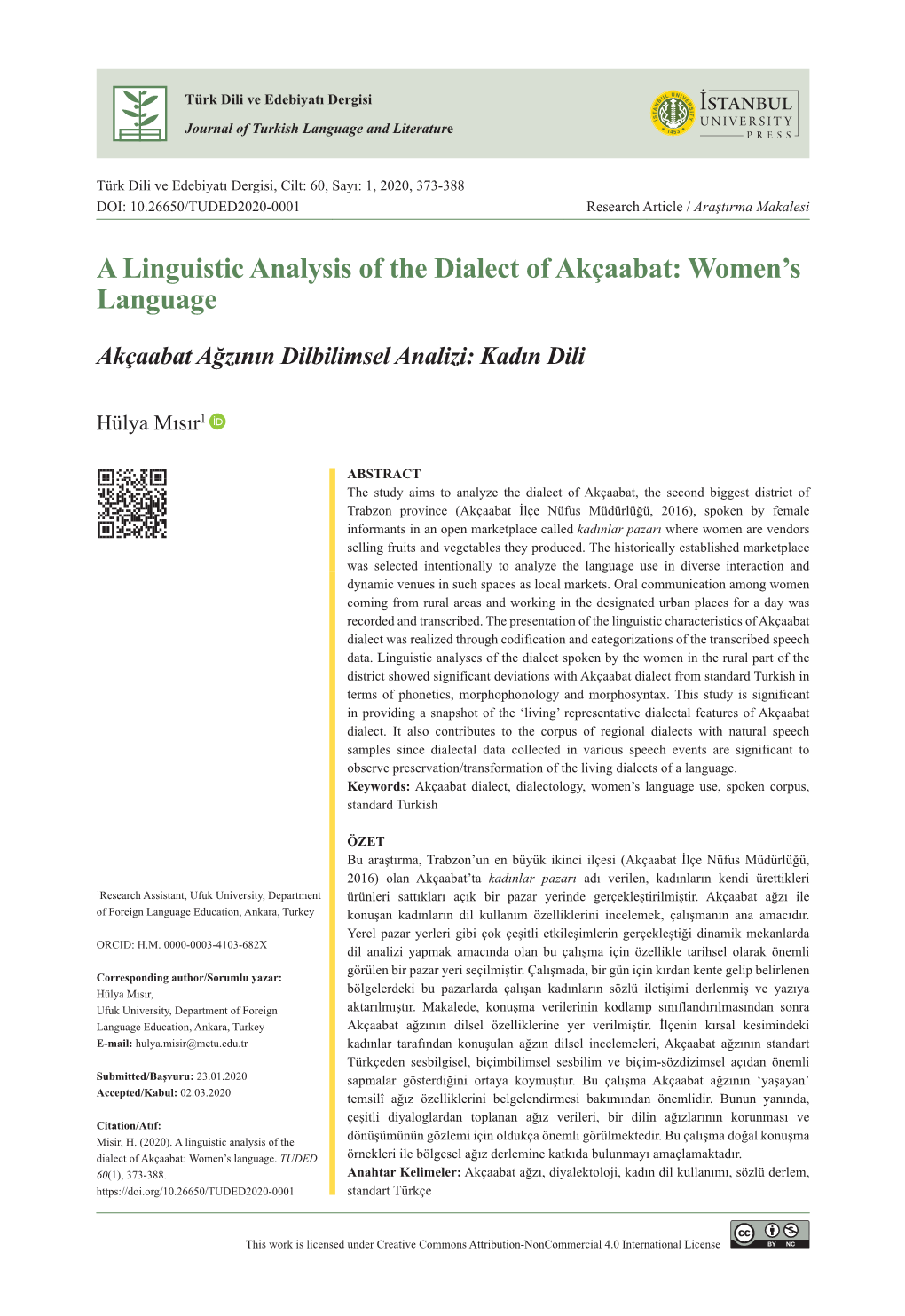 A Linguistic Analysis of the Dialect of Akçaabat: Women’S Language