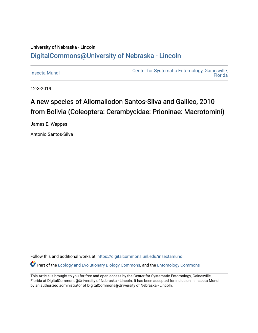 A New Species of Allomallodon Santos-Silva and Galileo, 2010 from Bolivia (Coleoptera: Cerambycidae: Prioninae: Macrotomini)