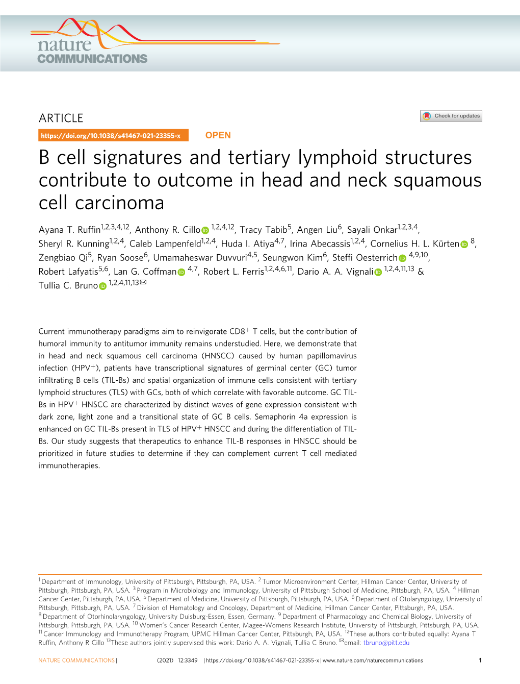B Cell Signatures and Tertiary Lymphoid Structures Contribute to Outcome in Head and Neck Squamous Cell Carcinoma
