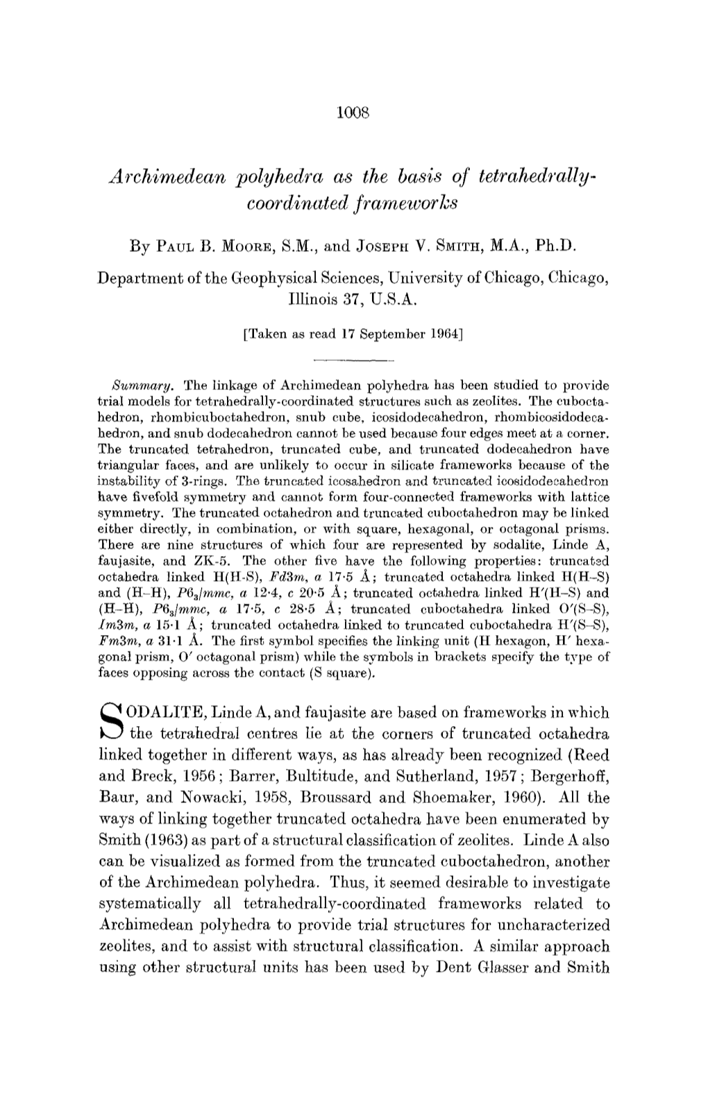 Archimedean Polyhedra As the Basis of Tetrahedrally- Coordinated Frameworks