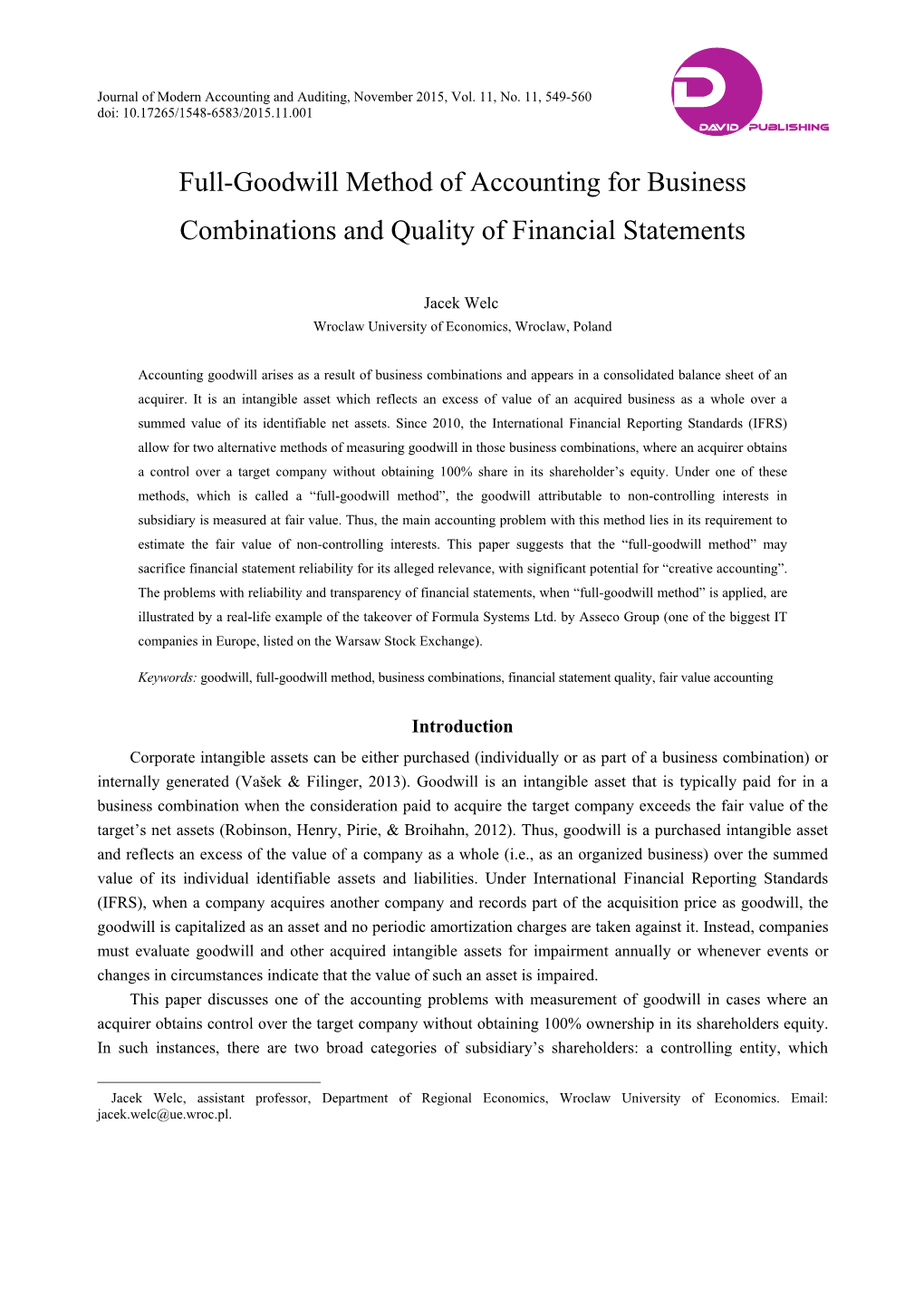 Full-Goodwill Method of Accounting for Business Combinations and Quality of Financial Statements