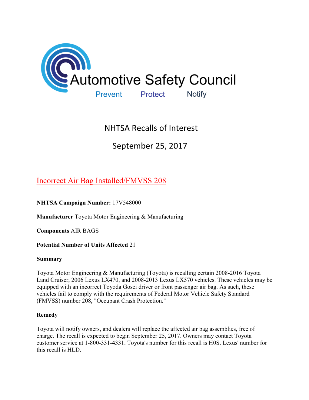 NHTSA Recalls of Interest September 25, 2017