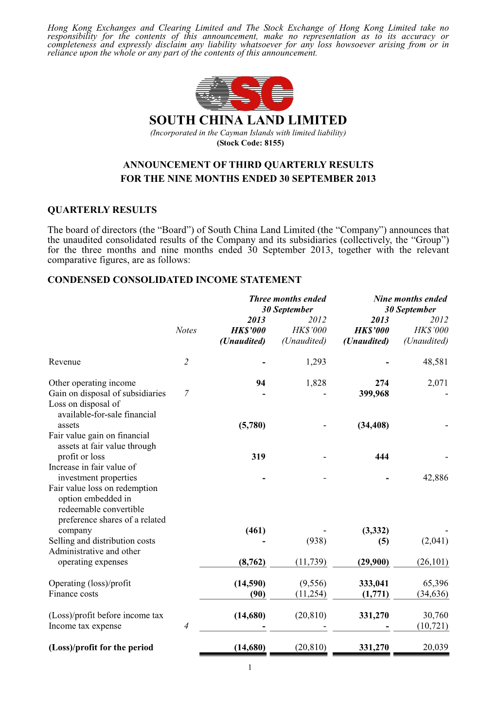 SOUTH CHINA LAND LIMITED (Incorporated in the Cayman Islands with Limited Liability) (Stock Code: 8155)