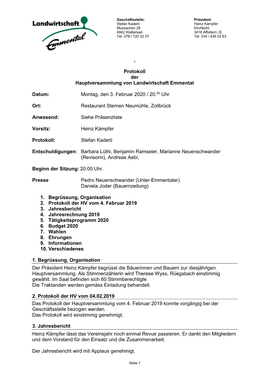 Protokoll Der Hauptversammlung Von Landwirtschaft Emmental Datum