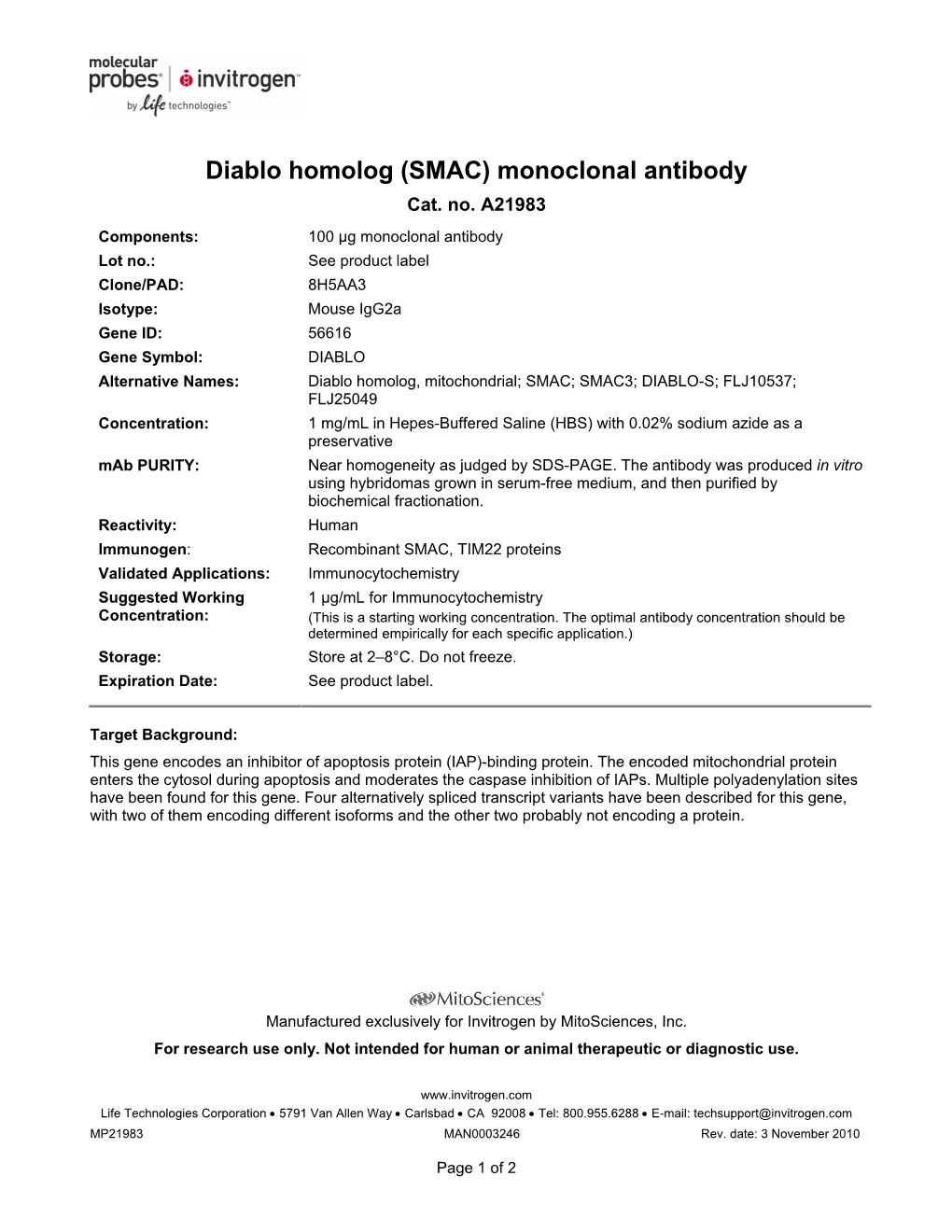 Diablo Homolog (SMAC) Monoclonal Antibody Cat