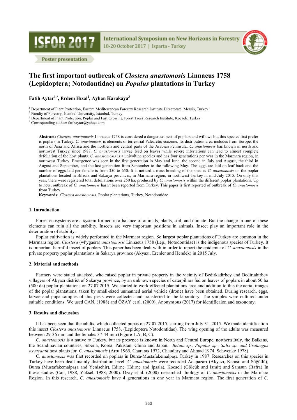 The First Important Outbreak of Clostera Anastomosis Linnaeus 1758 (Lepidoptera; Notodontidae) on Populus Plantations in Turkey