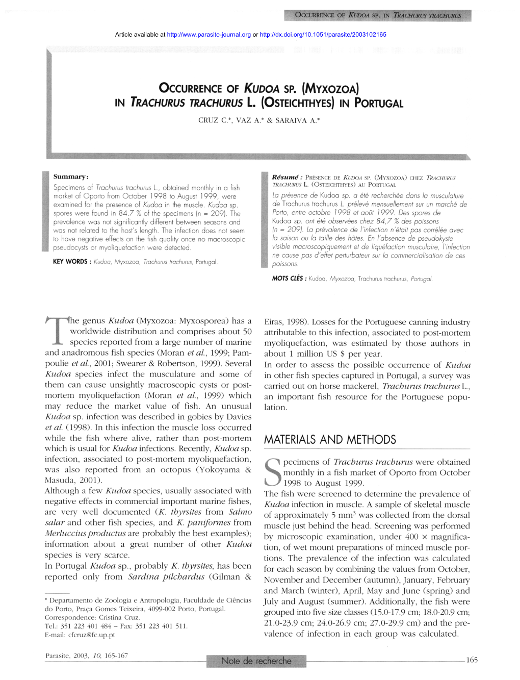 Occurrence of Kudoa Sp. \(Myxozoa\)