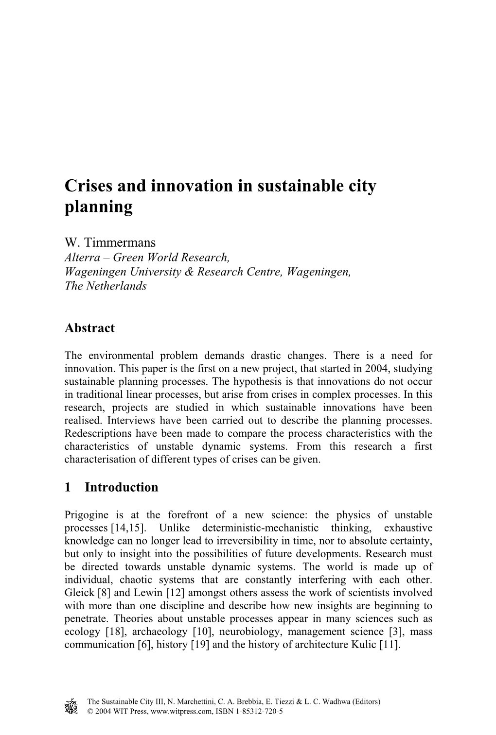 Crises and Innovation in Sustainable City Planning