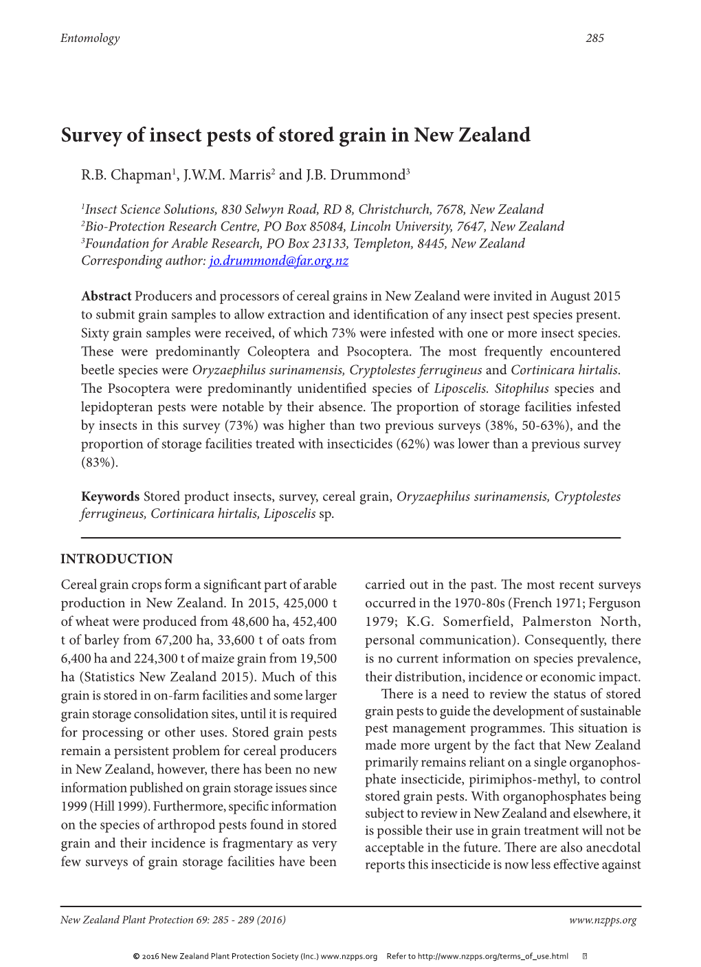 Survey of Insect Pests of Stored Grain in New Zealand