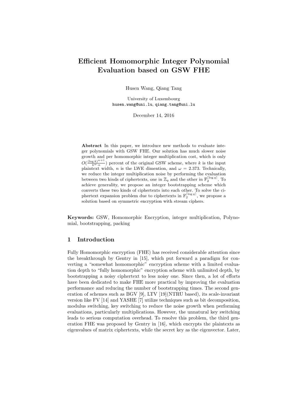 Efficient Homomorphic Integer Polynomial Evaluation Based on GSW