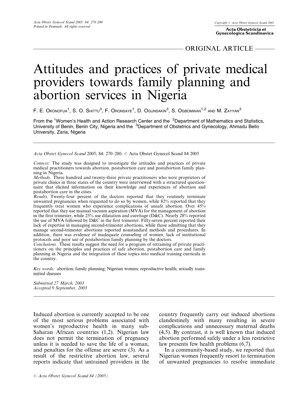 Attitudes and Practices of Private Medical Providers Towards Family Planning and Abortion Services in Nigeria