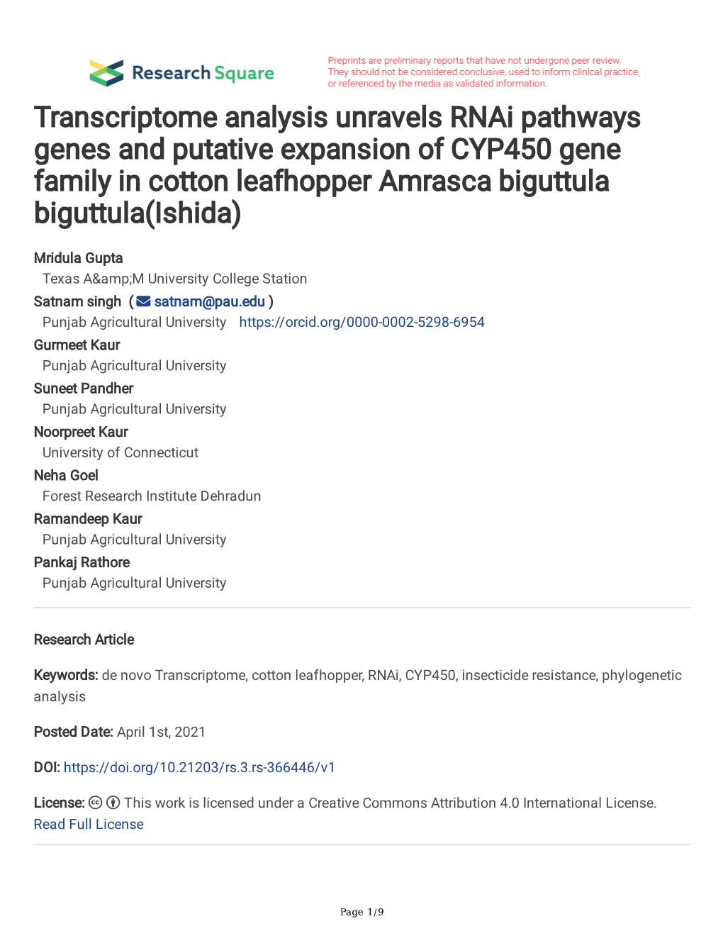 Title Transcriptome Analysis Unravels Rnai Pathways Genes and Putative Expansion of CYP450 Gene Family in Cotton Leafhopper Amra