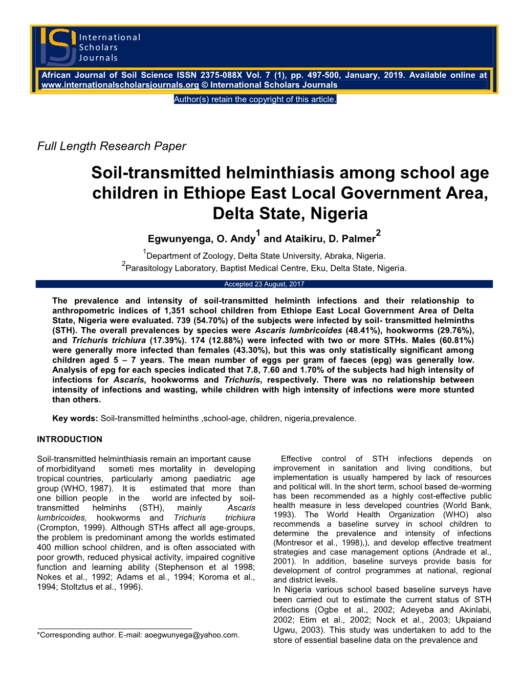 Soil-Transmitted Helminthiasis Among School Age Children in Ethiope East Local Government Area, Delta State, Nigeria