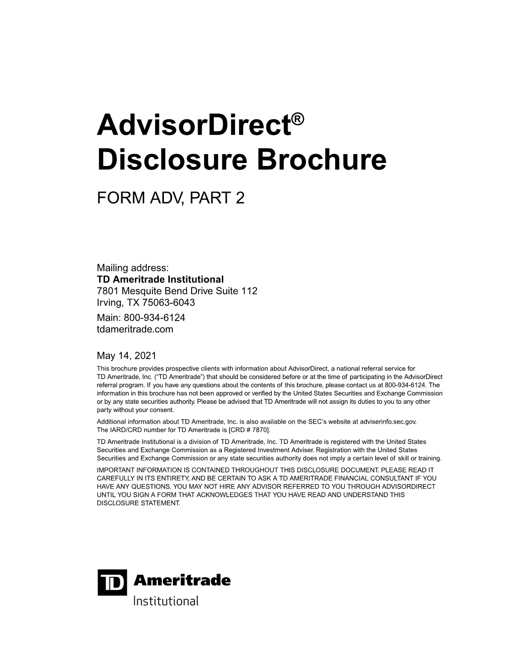 Advisordirect Disclosure Brochure Form ADV, Part 2-TDI 0521