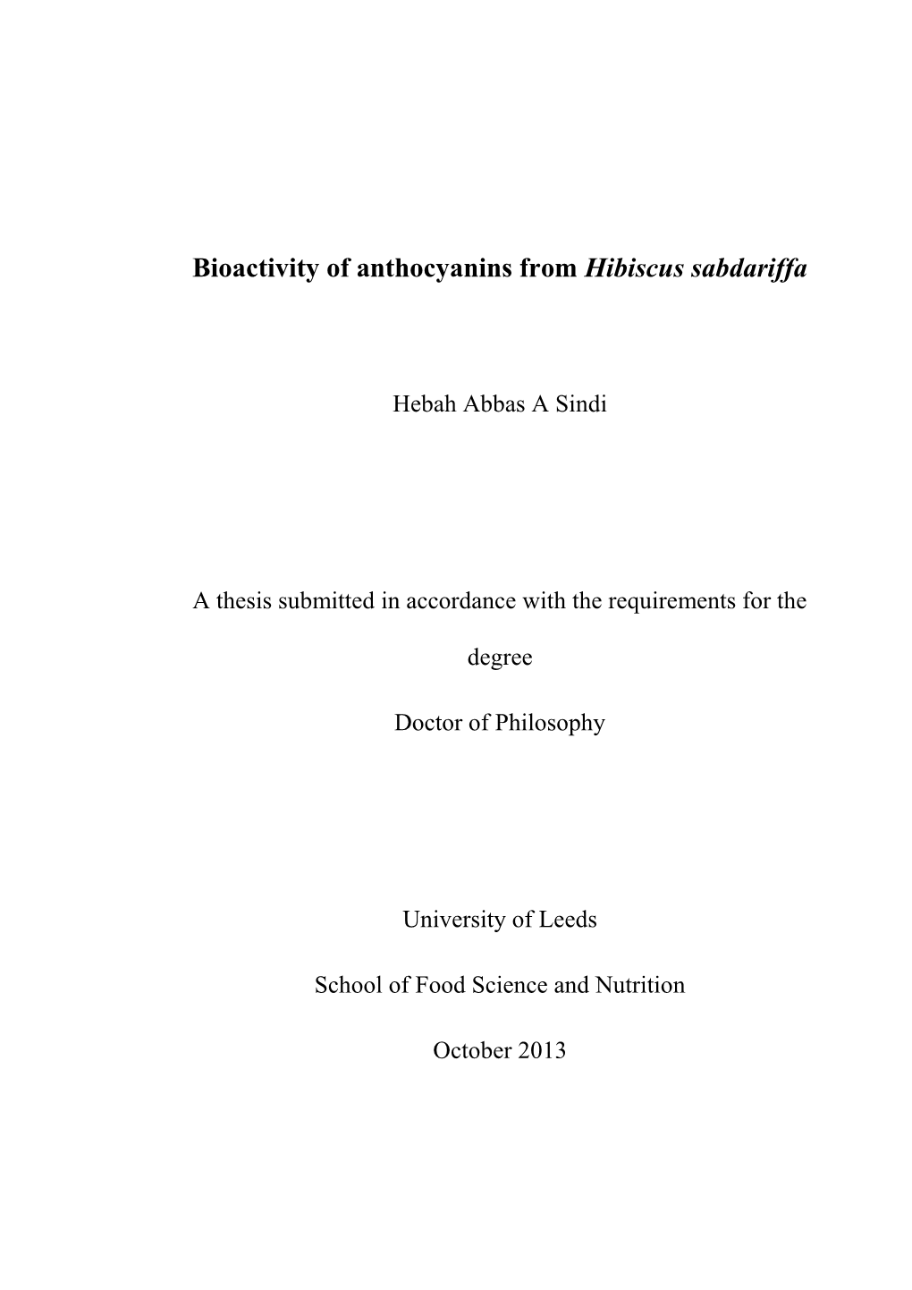 Bioactivity of Anthocyanins from Hibiscus Sabdariffa