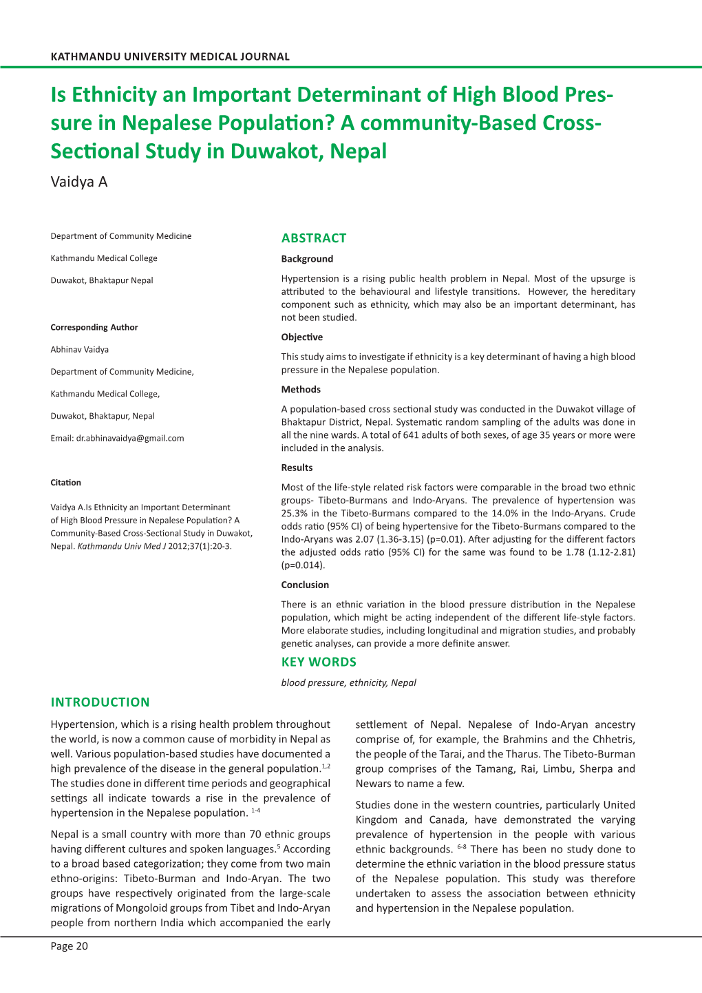 Is Ethnicity an Important Determinant of High Blood Pressure in Nepalese Population?