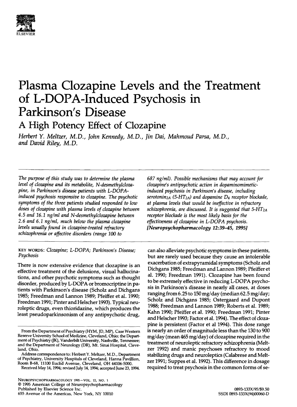 Plasma Clozapine Levels and the Treatment of L-DOP A-Induced Psychosis in Parkinson's Disease