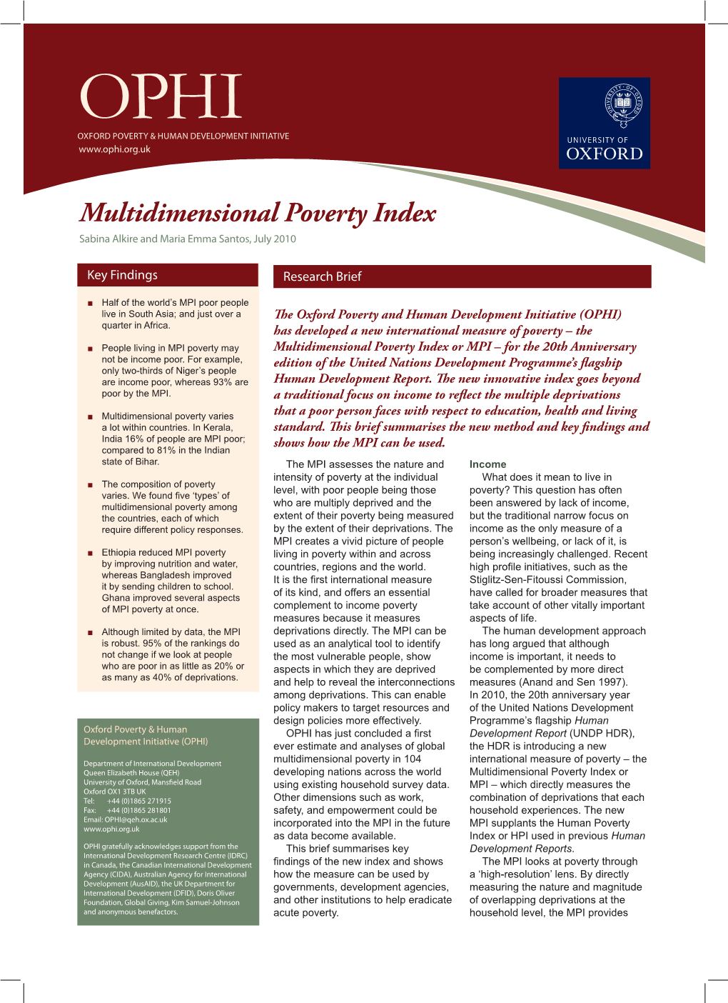 Multidimensional Poverty Index Sabina Alkire and Maria Emma Santos, July 2010