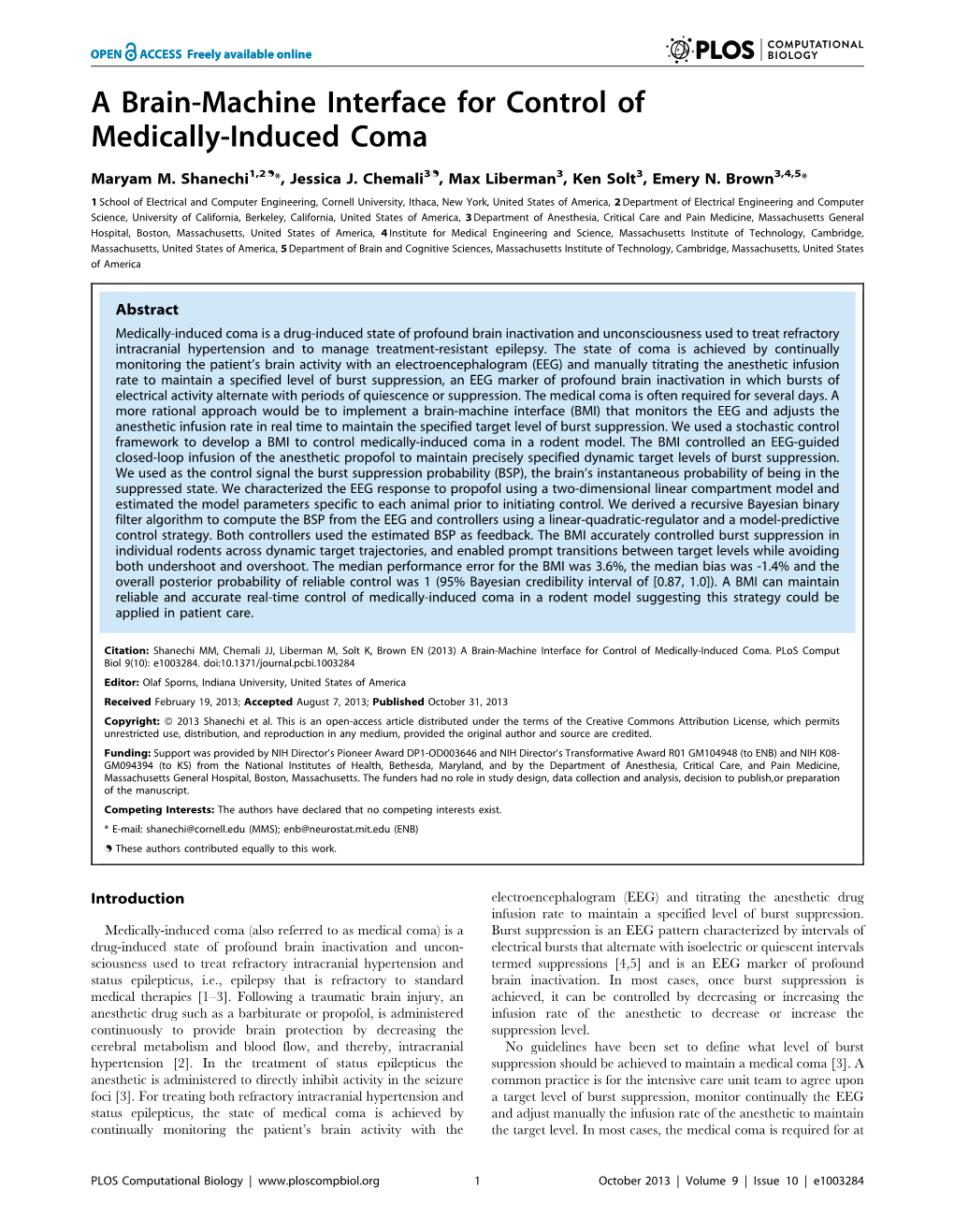 A Brain-Machine Interface for Control of Medically-Induced Coma