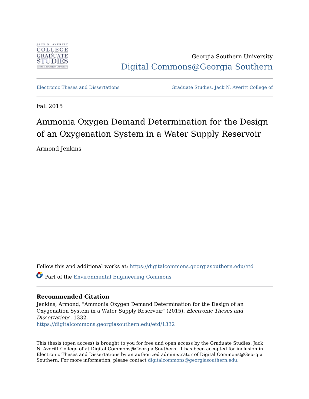 Ammonia Oxygen Demand Determination for the Design of an Oxygenation System in a Water Supply Reservoir