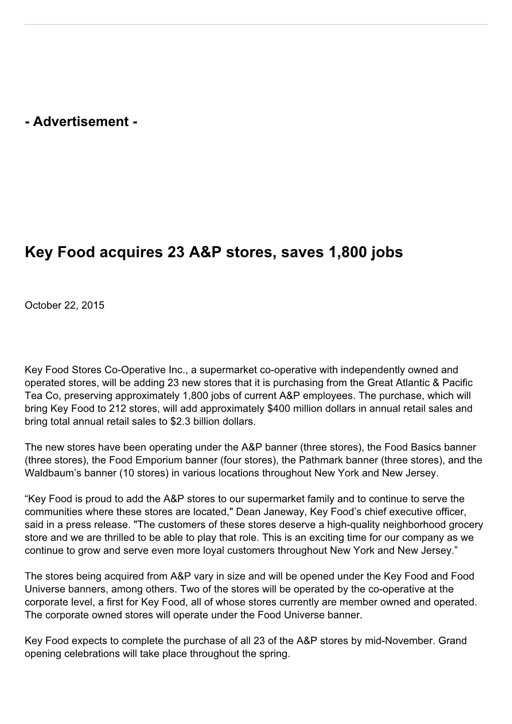 Key Food Acquires 23 A&P Stores, Saves 1,800 Jobs