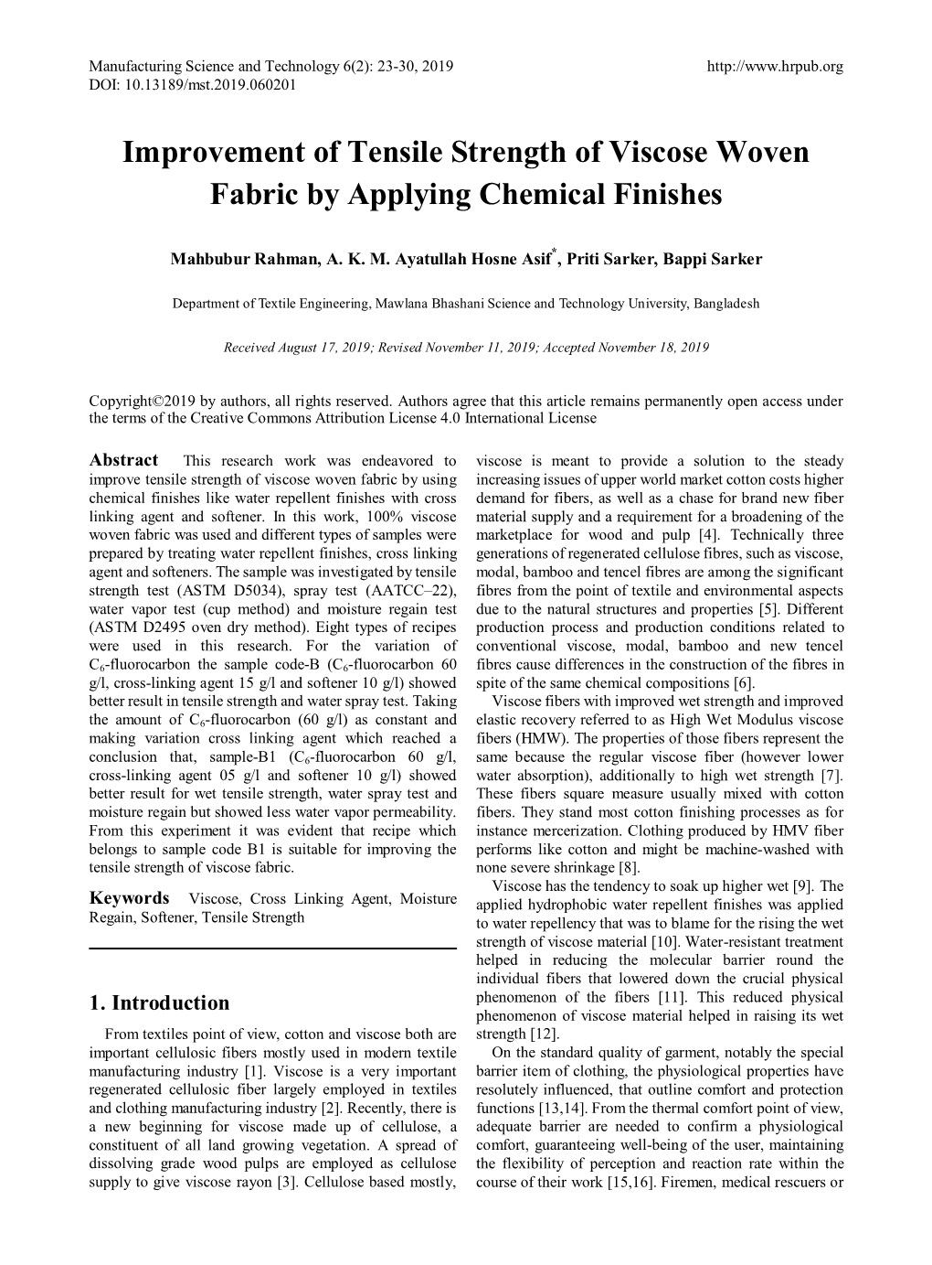 Improvement of Tensile Strength of Viscose Woven Fabric by Applying Chemical Finishes