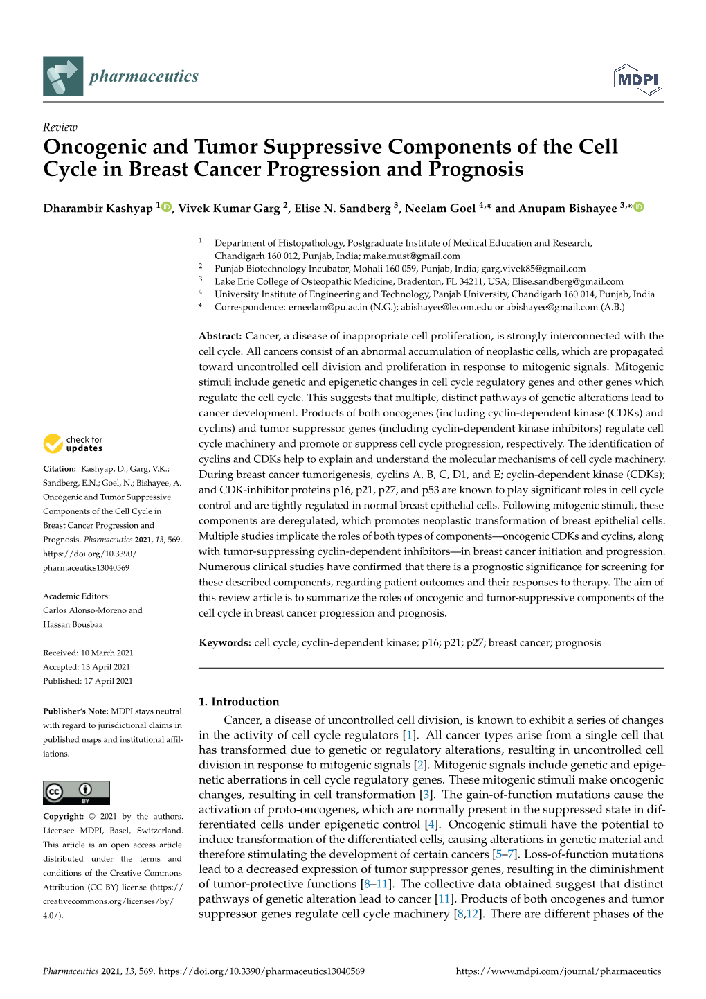 Oncogenic and Tumor Suppressive Components of the Cell Cycle in Breast Cancer Progression and Prognosis