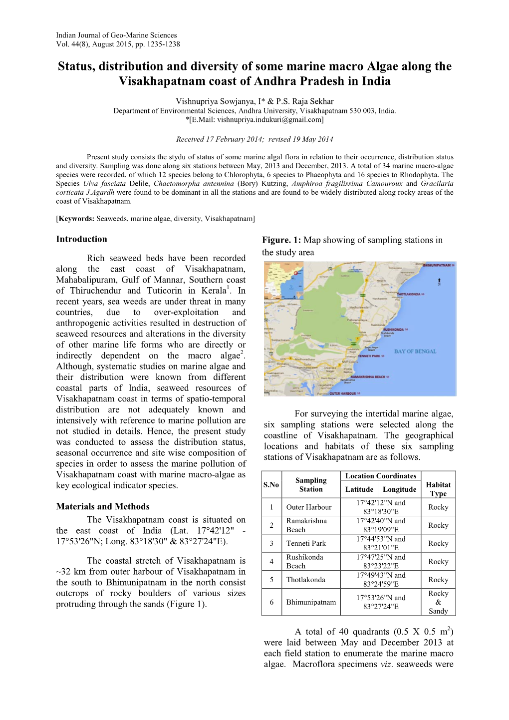 Status, Distribution and Diversity of Some Marine Macro Algae Along the Visakhapatnam Coast of Andhra Pradesh in India