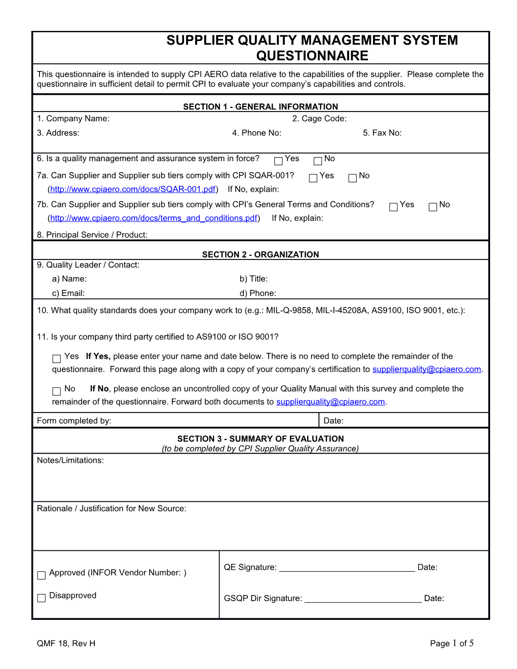 Supplier Quality System Questionnaire