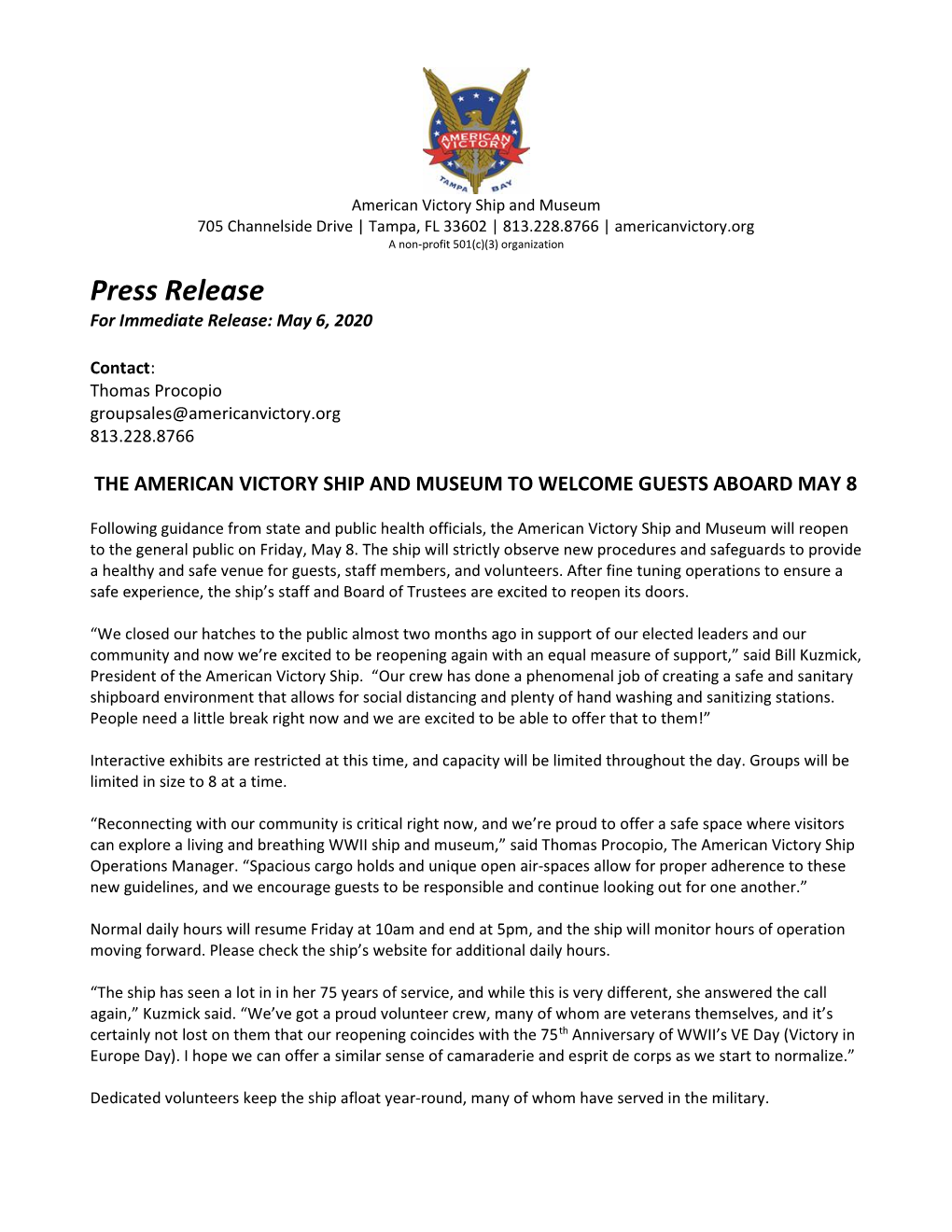 Press Release for Immediate Release: May 6, 2020