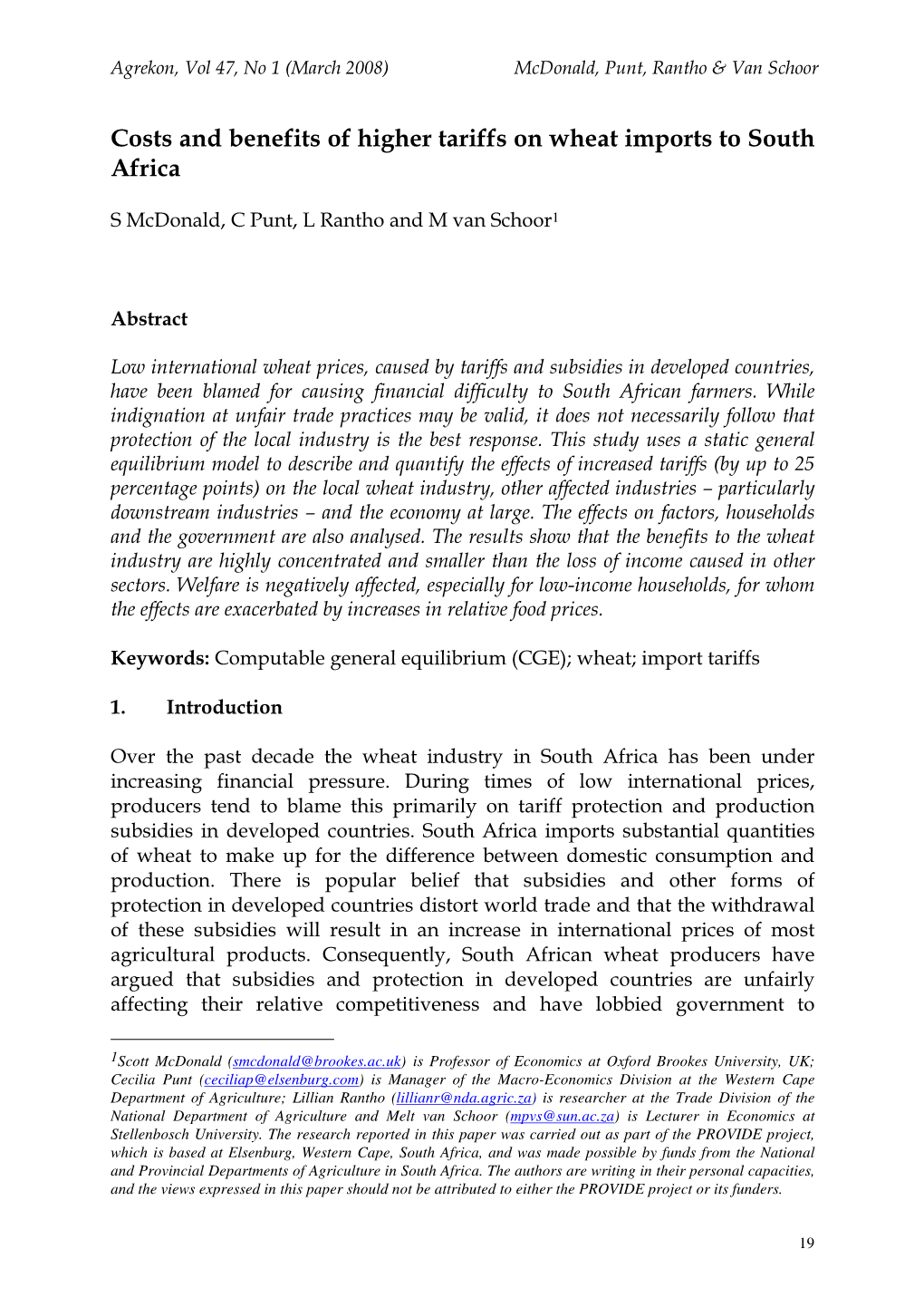 Costs and Benefits of Higher Tariffs on Wheat Imports to South Africa