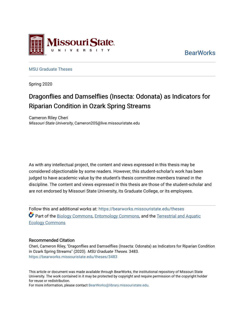 Dragonflies and Damselflies (Insecta: Odonata) As Indicators for Riparian Condition in Ozark Spring Streams