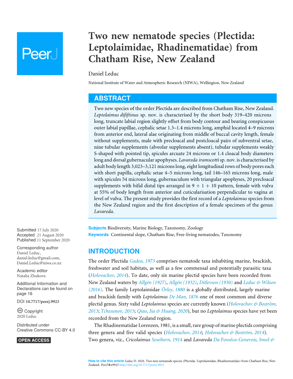 Two New Nematode Species (Plectida: Leptolaimidae, Rhadinematidae) from Chatham Rise, New Zealand