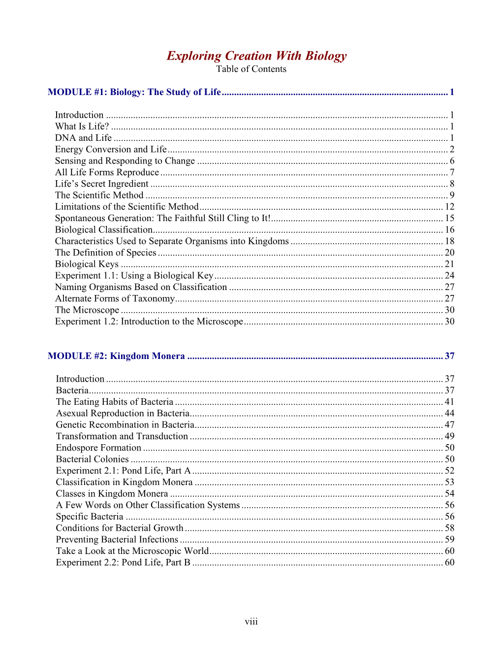 Exploring Creation with Biology Table of Contents