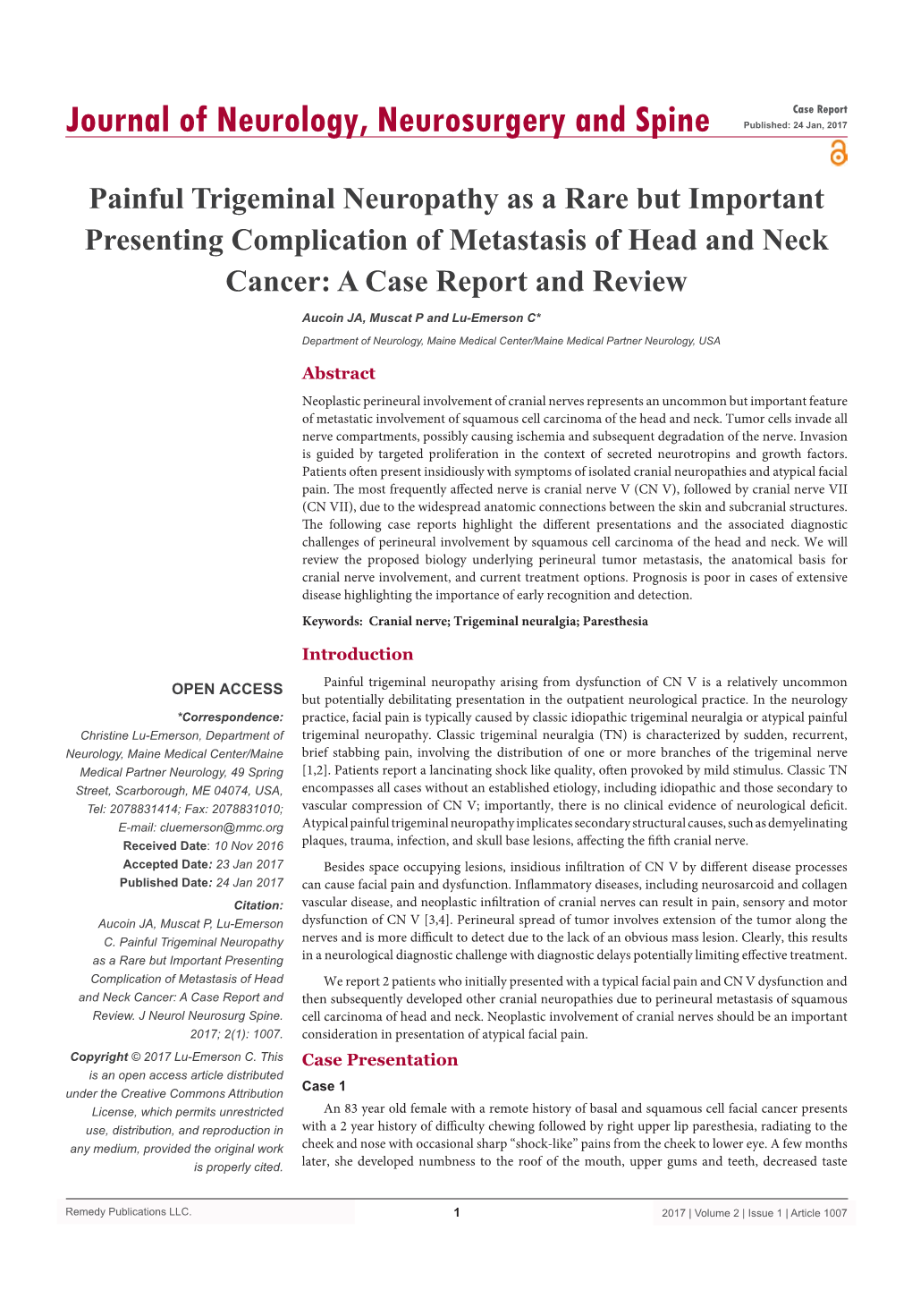 Painful Trigeminal Neuropathy As a Rare but Important Presenting Complication of Metastasis of Head and Neck Cancer: a Case Report and Review