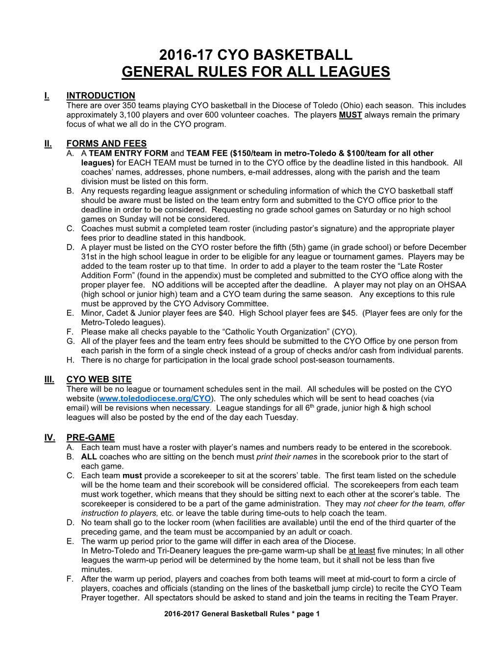 2016-17 Cyo Basketball General Rules for All Leagues