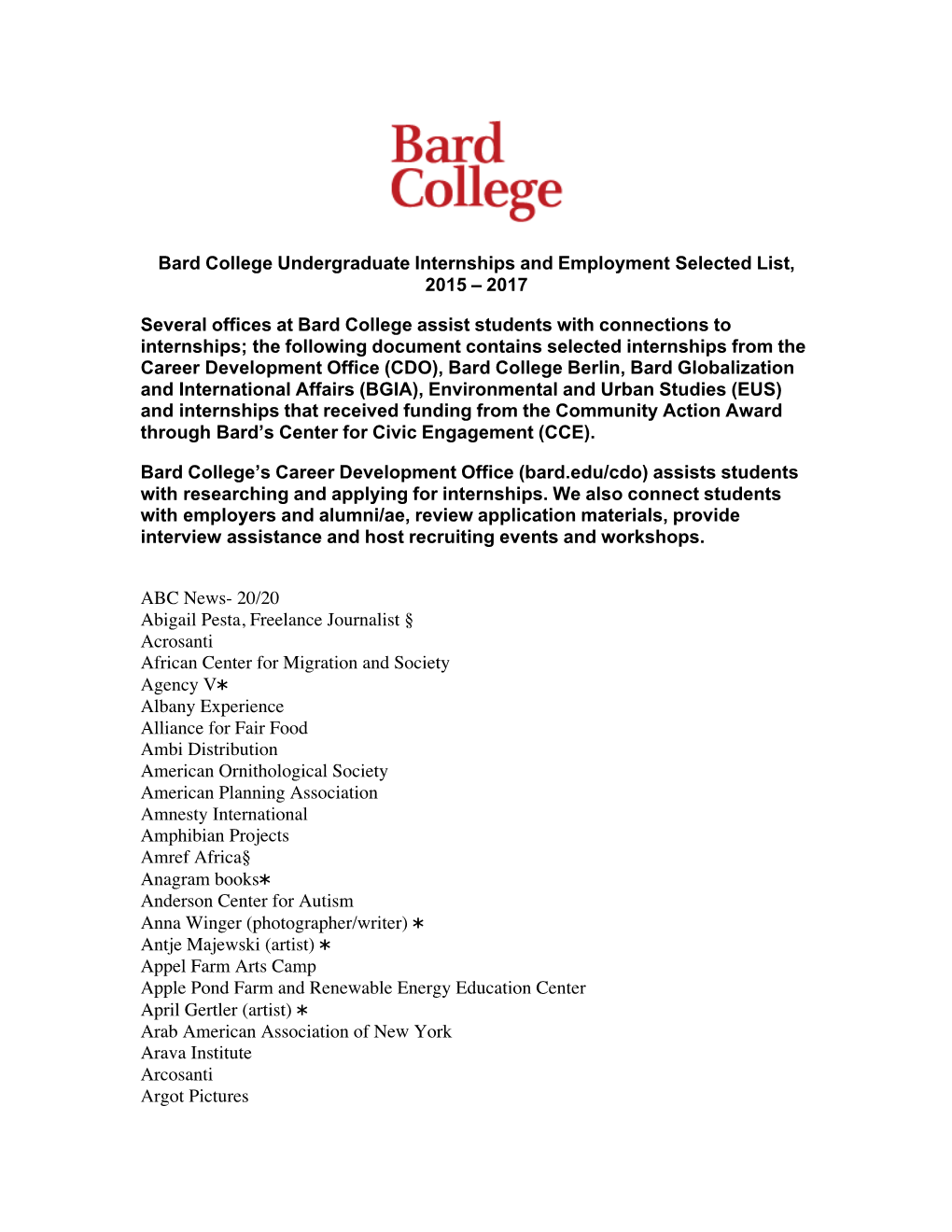 Bard College Undergraduate Internships and Employment Selected List, 2015 – 2017