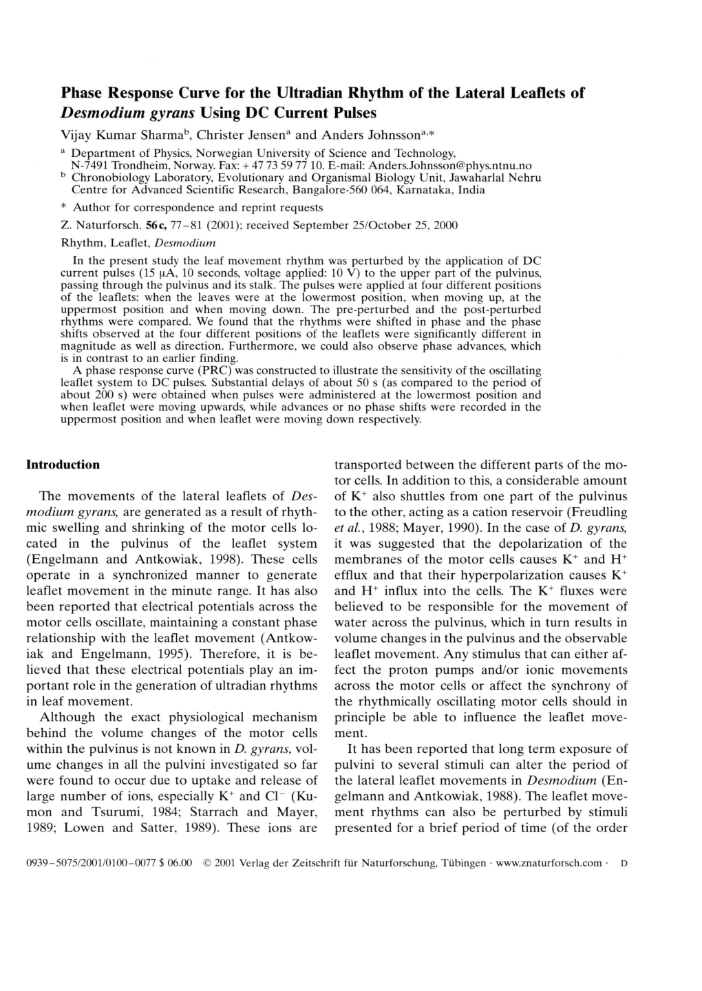 Phase Response Curve for the Ultradian Rhythm of the Lateral Leaflets of Desmodium Gyrans Using DC Current Pulses