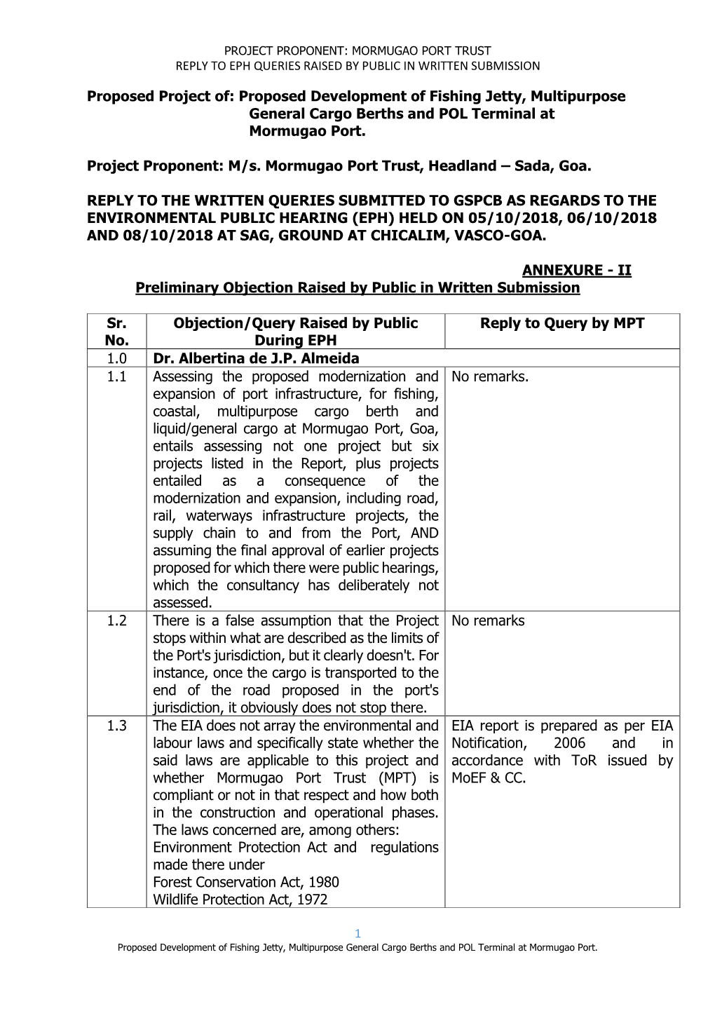 Project Proponent: Mormugao Port Trust Reply to Eph Queries Raised by Public in Written Submission