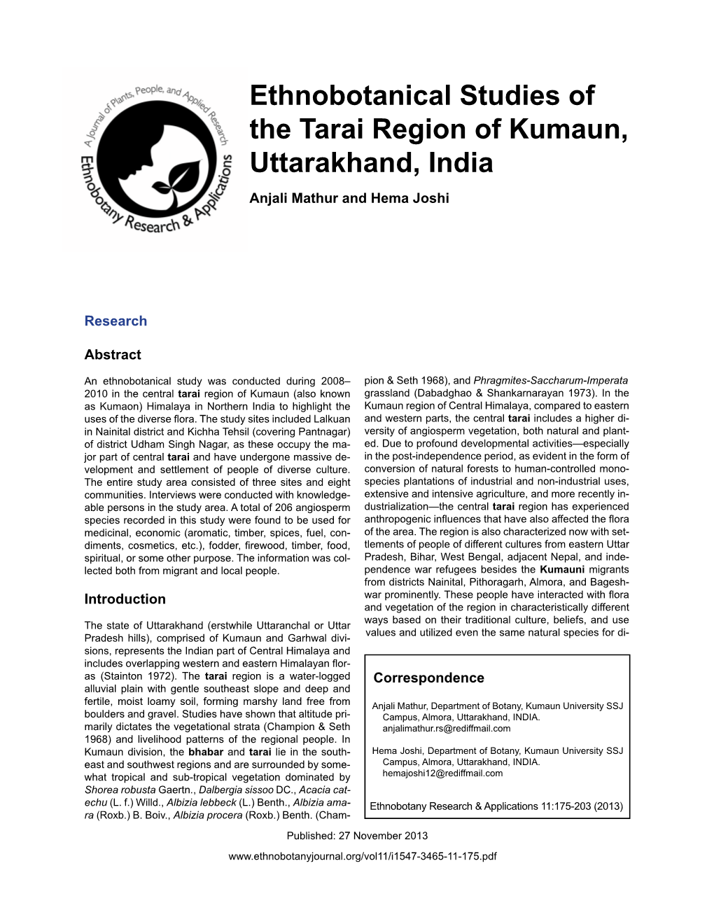Ethnobotanical Studies of the Tarai Region of Kumaun, Uttarakhand, India Anjali Mathur and Hema Joshi