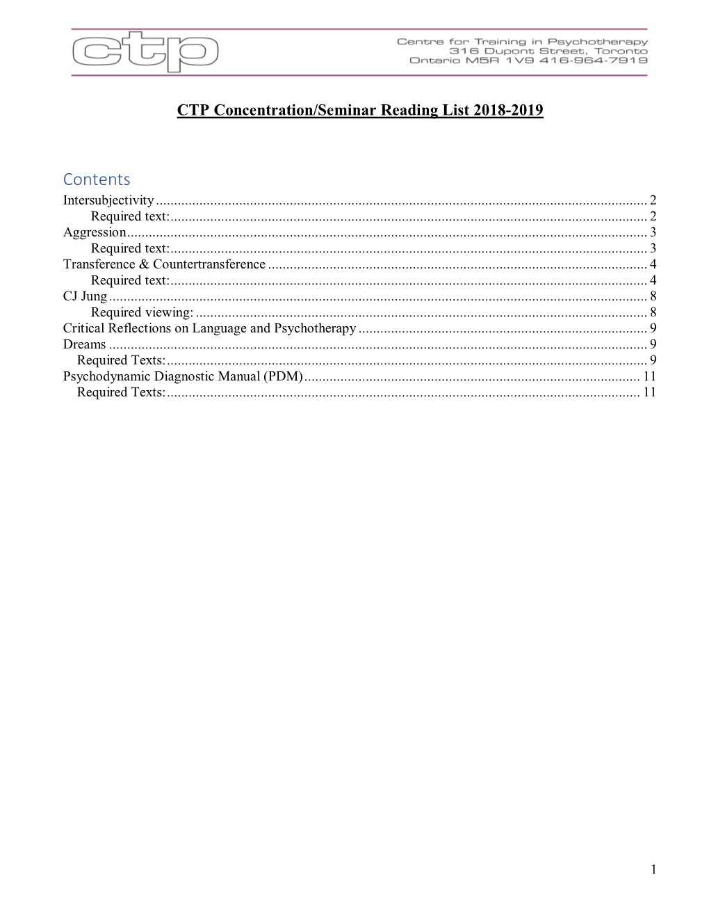 CTP Concentration/Seminar Reading List 2018-2019