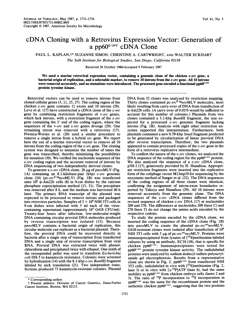 Cdna Cloning with a Retrovirus Expression Vector: Generation of a Pp6oc-Src Cdna Clone