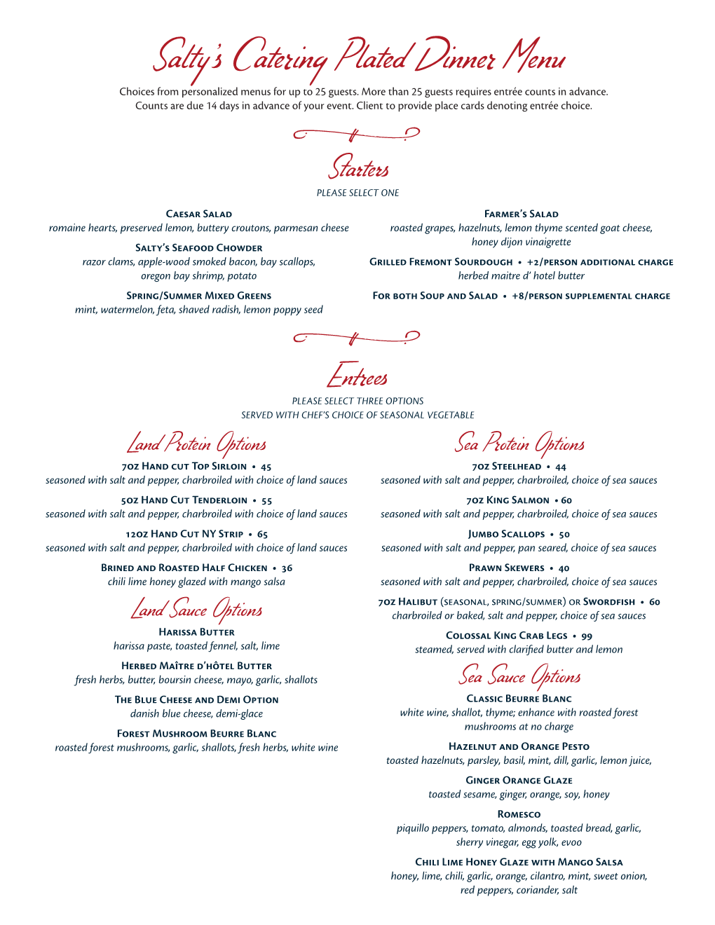 Plated Dinner Menu Choices from Personalized Menus for up to 25 Guests