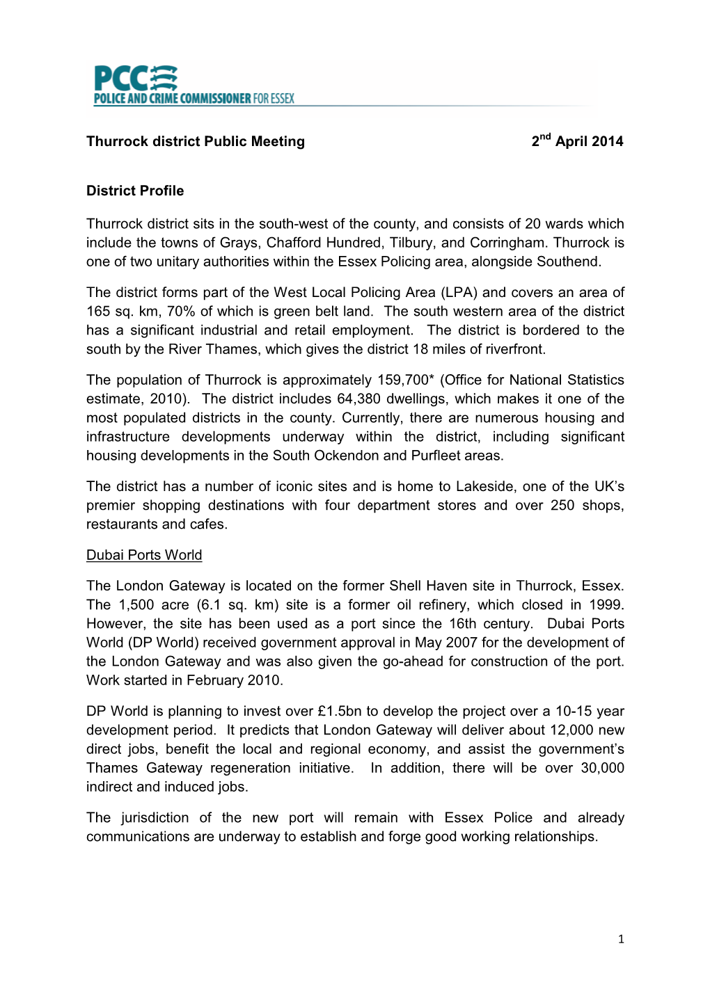 Thurrock District Public Meeting 2 April 2014 District Profile Thurrock